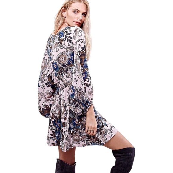 Free People High Plains Elastic Waist Dress Billowy Sleeve Pink Blue Women's S - Picture 2 of 11